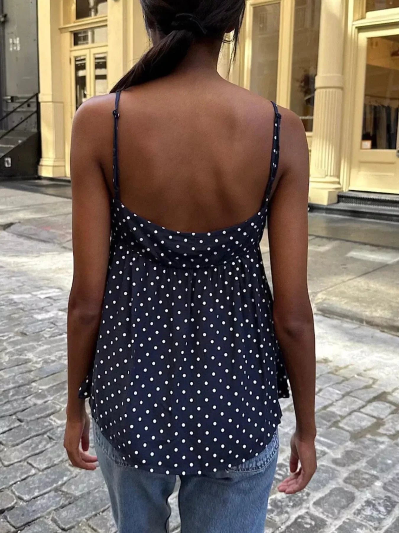 Flowy V Neck Polka Dot Camisole With Adjustable Spaghetti Straps - Southern Shores Clothing