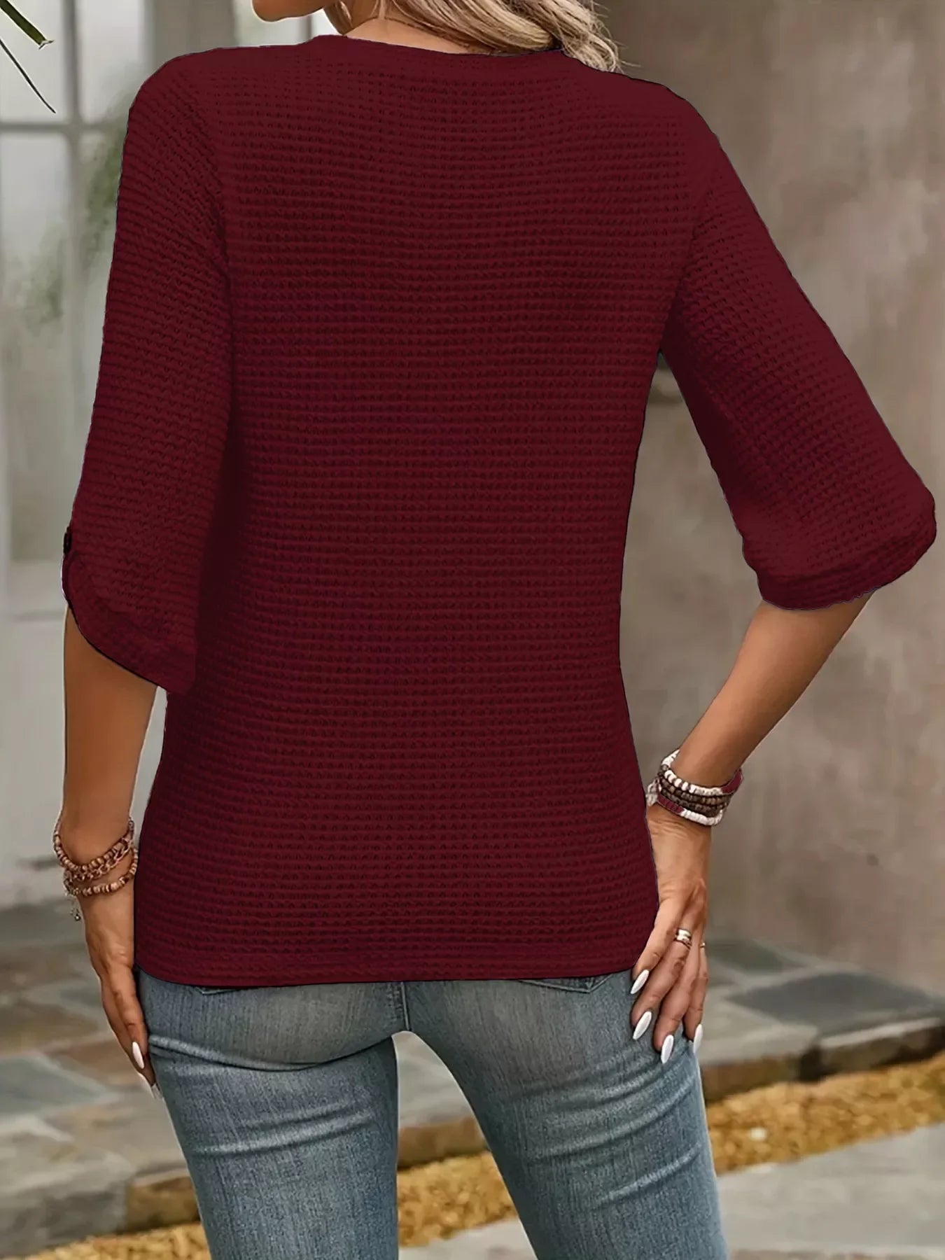 Textured Waffle Knit Three-Quarter Sleeve Tee - Southern Shores Clothing
