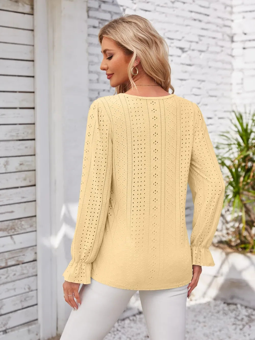 Applique V-Neck Flounce Sleeve Polyester T-Shirt - Southern Shores Clothing