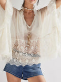 Lace V-Neck Ruffle Long Sleeve Beach Cover-Up - Southern Shores Clothing