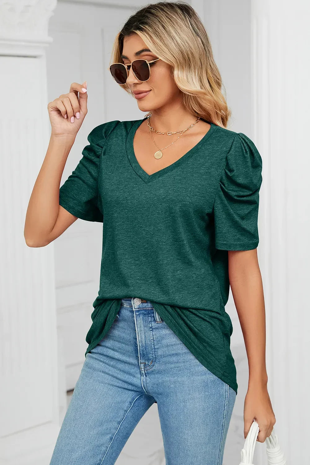Heathered V-Neck Puff Sleeve T-Shirt - Southern Shores Clothing