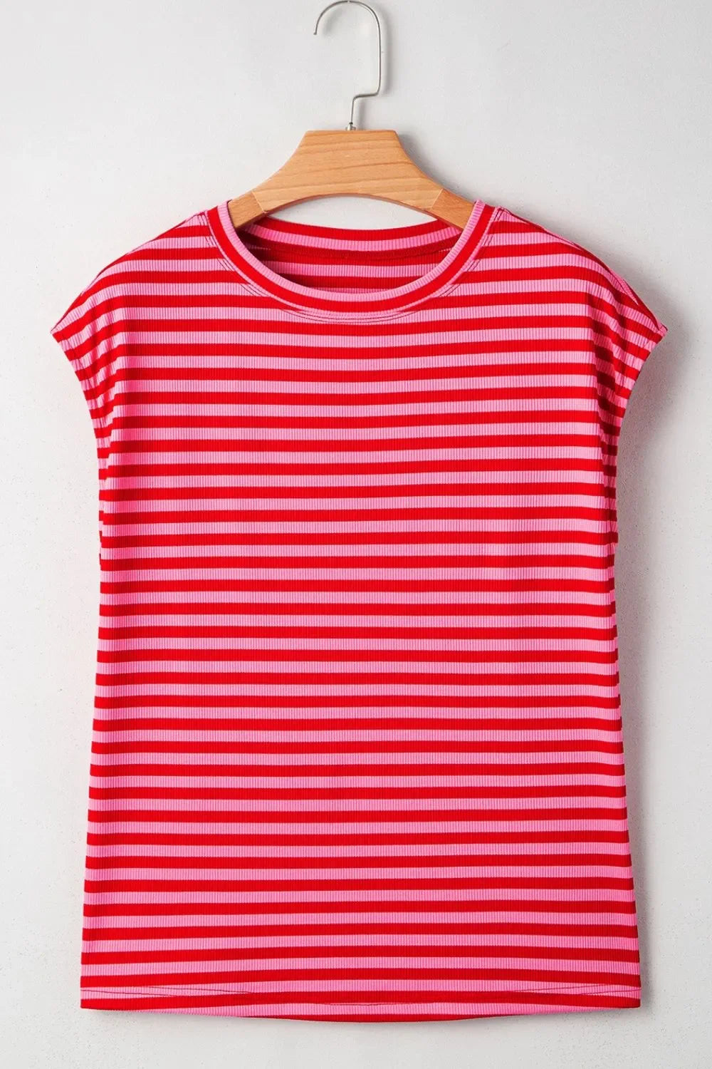 Stripe Ribbed Cap Sleeve Round Neck T Shirt - Southern Shores Clothing