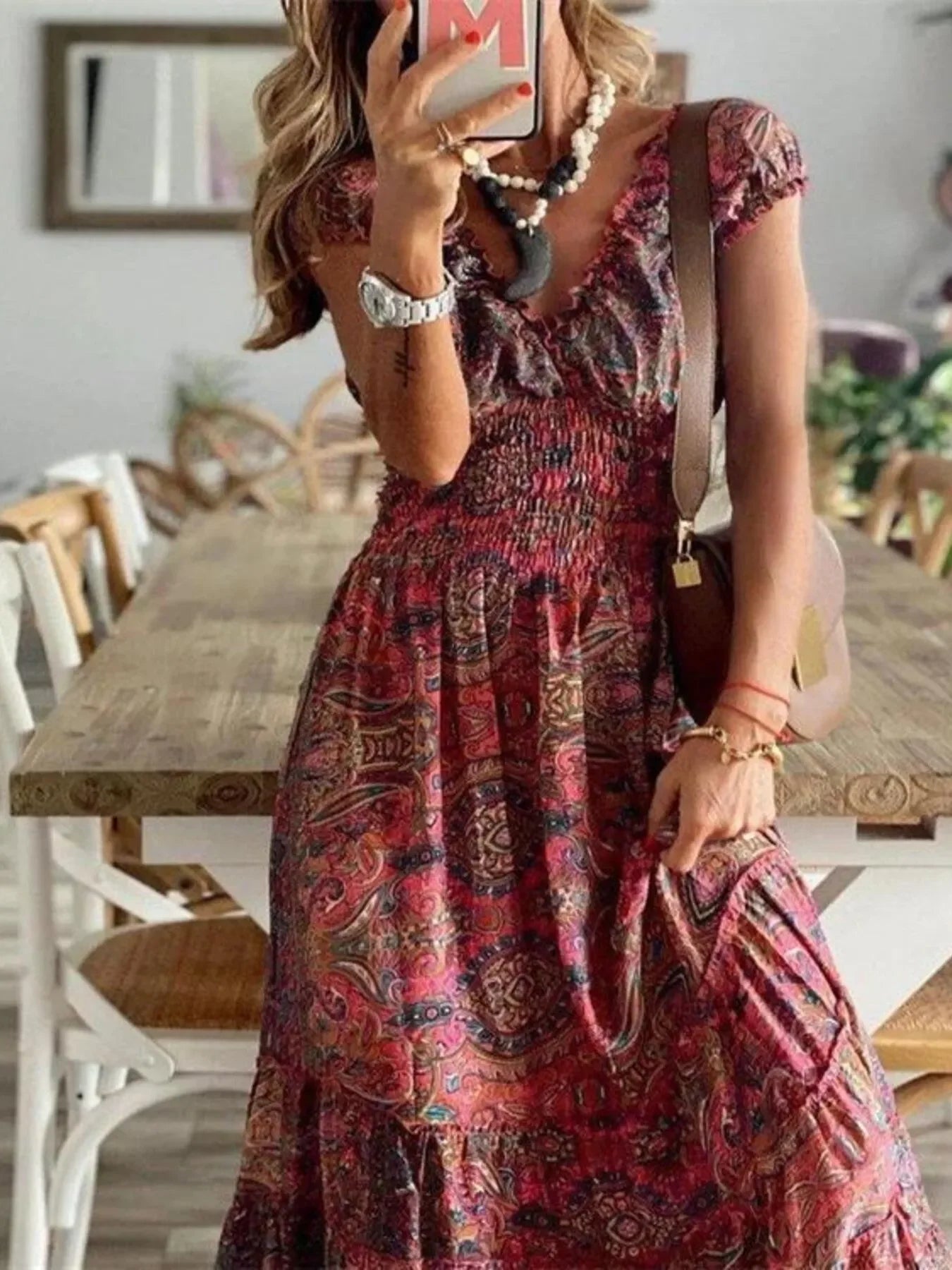 Paisley Print Cap Sleeve Maxi Dress With Tiered Ruffles - Southern Shores Clothing