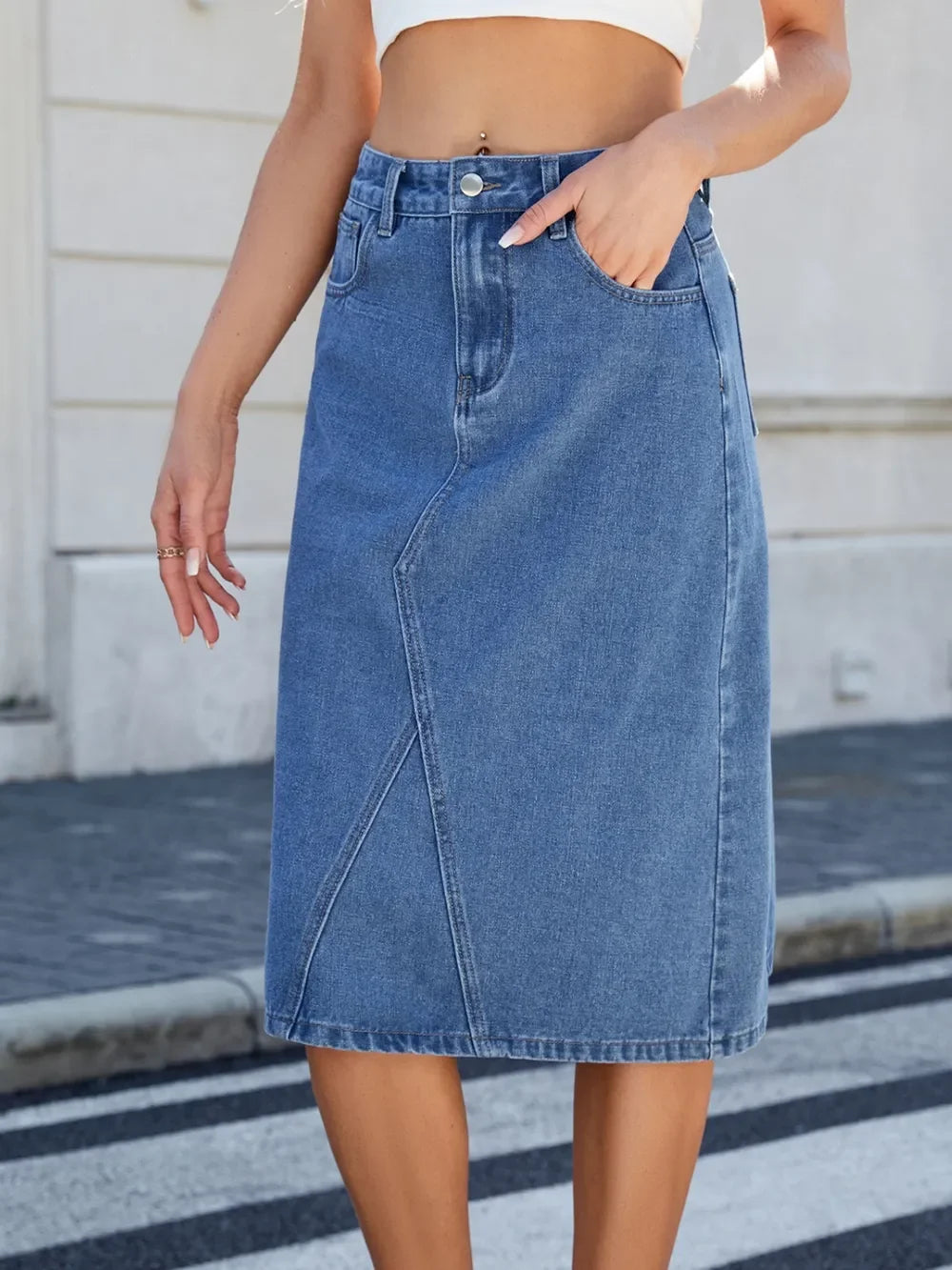 Relaxed Fit Denim Midi Skirt With Slit Back - Southern Shores Clothing