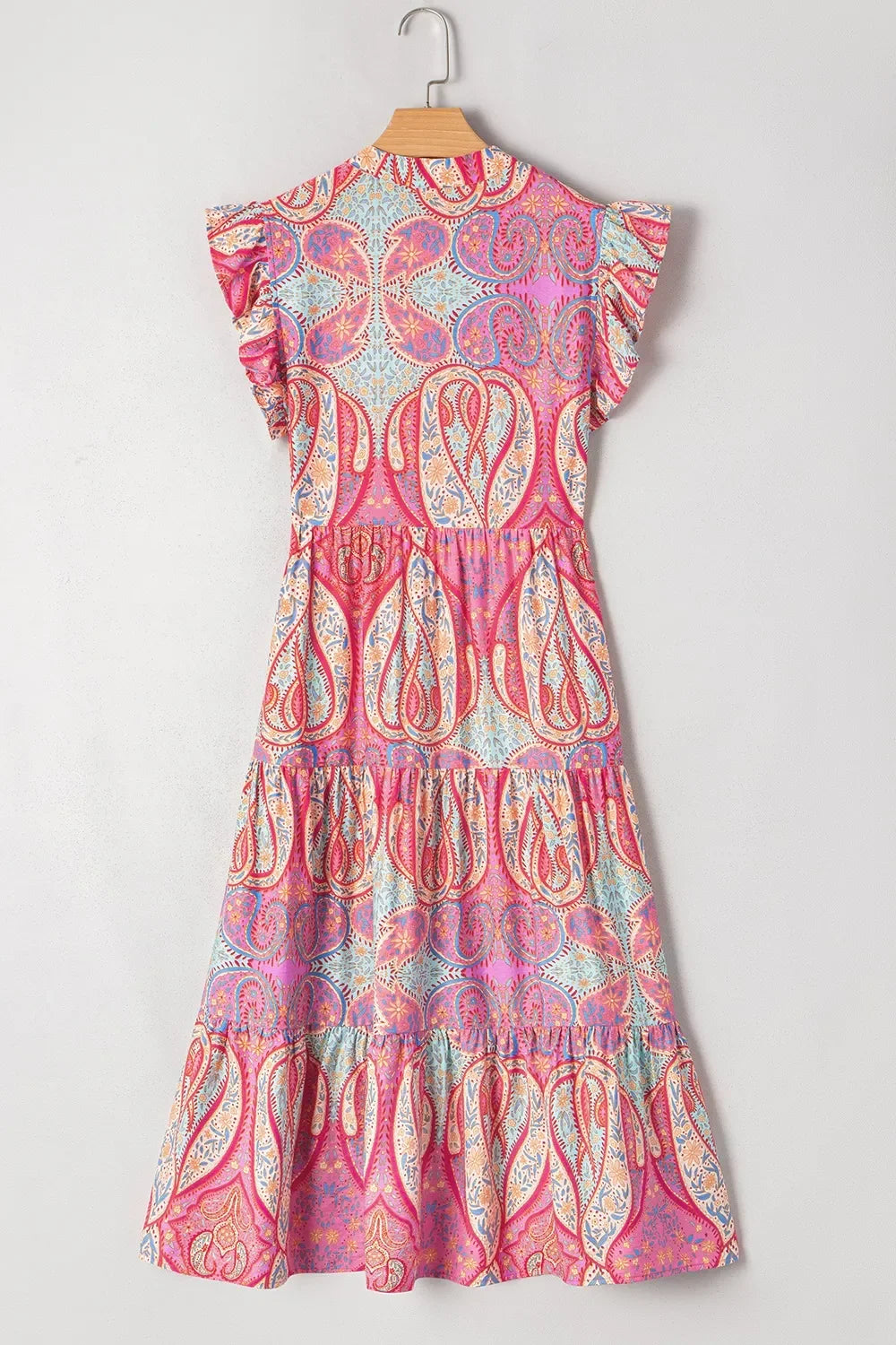 Tribal Paisley Print Ruffled Sleeve Notch Neck Midi Dress - Southern Shores Clothing