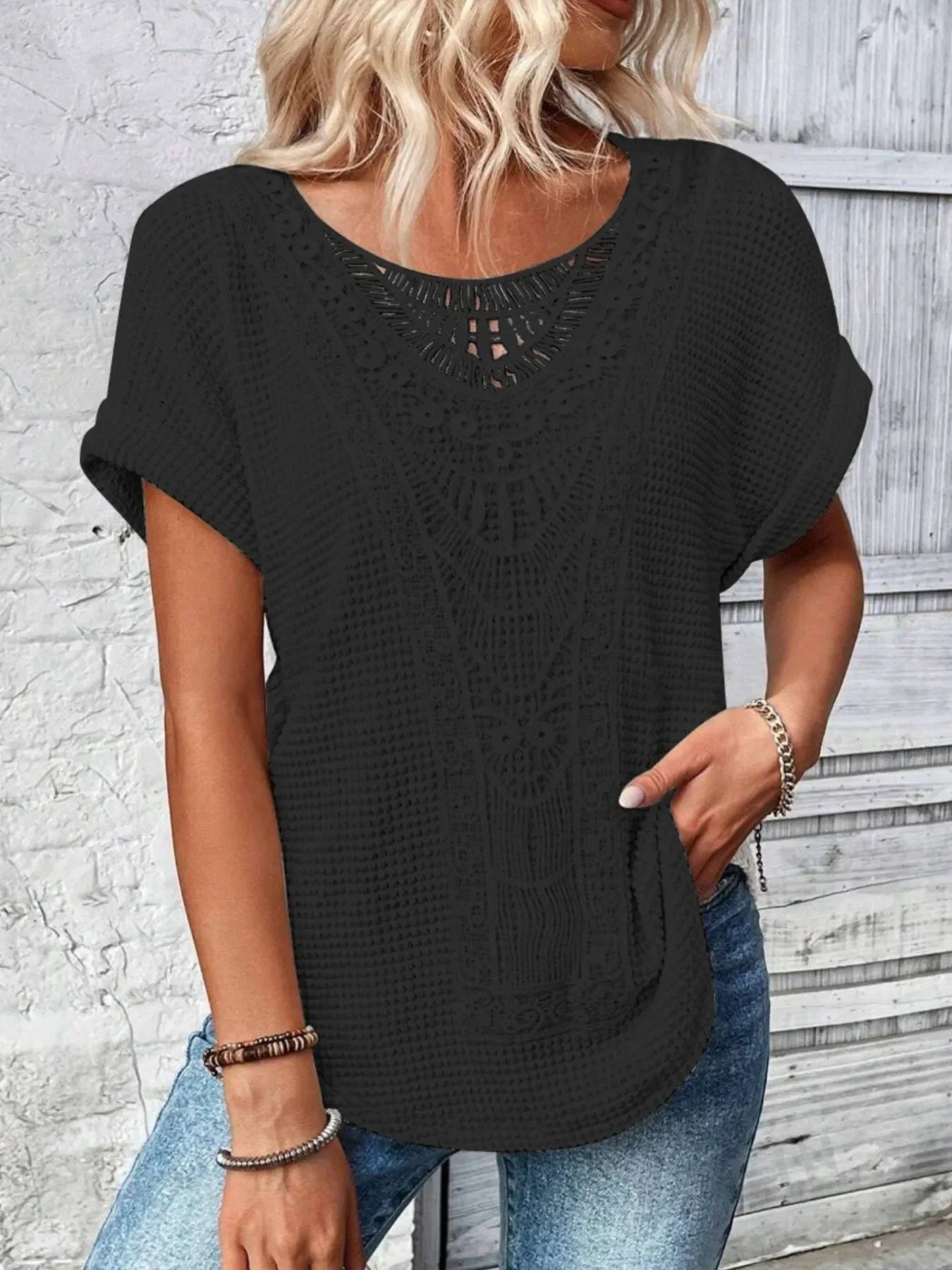 Crochet Lace Short Sleeve T Shirt Casual - Southern Shores Clothing