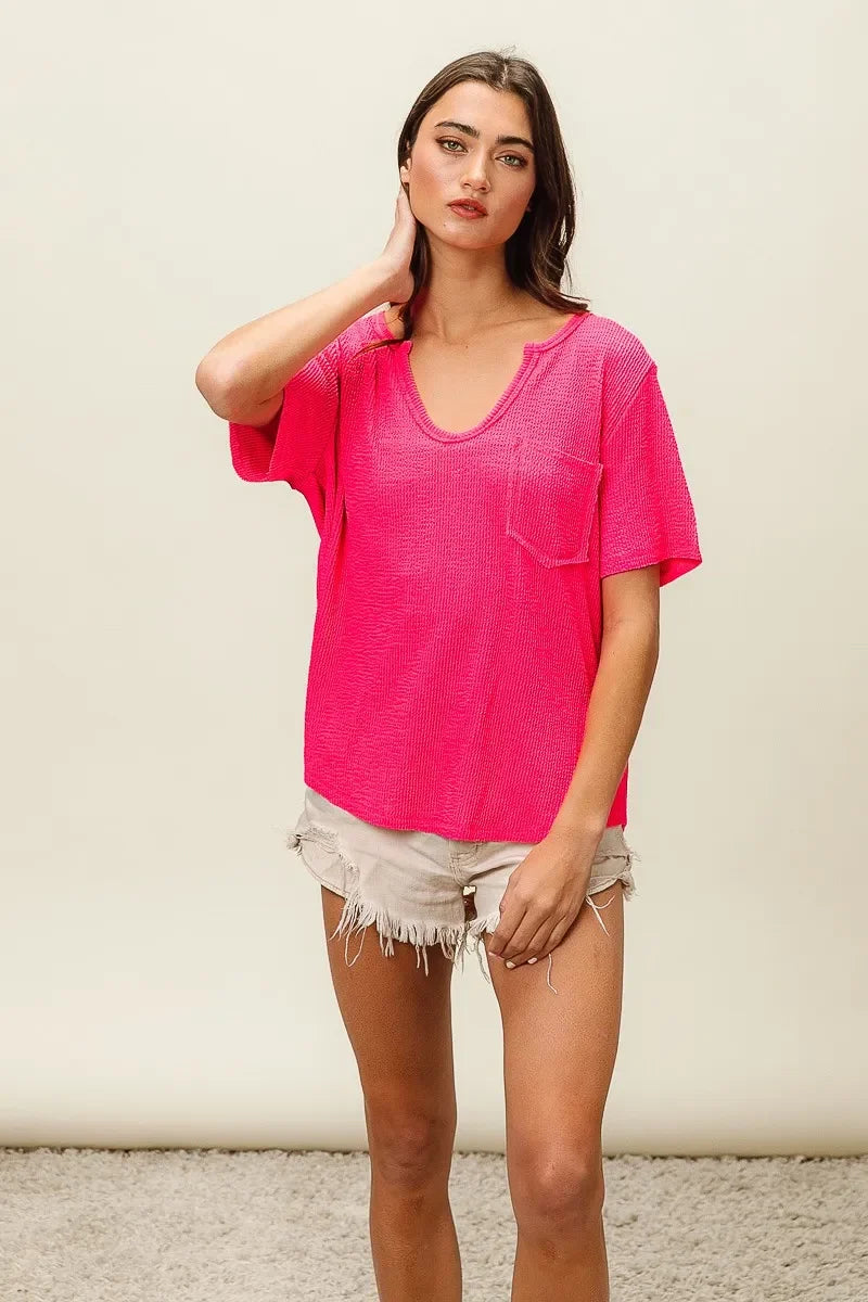 Waved Rib V Neck Top With Front Pocket Relaxed Fit - Southern Shores Clothing