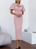 Elegant Cutout Front Puff Sleeve Dress For Formal Occasions - Southern Shores Clothing