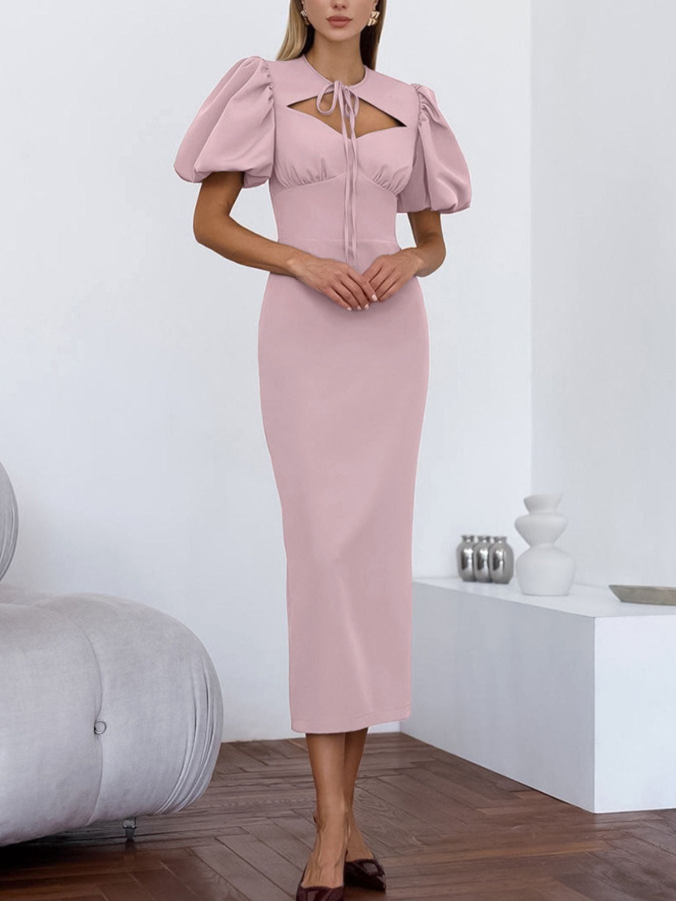 Elegant Cutout Front Puff Sleeve Dress For Formal Occasions