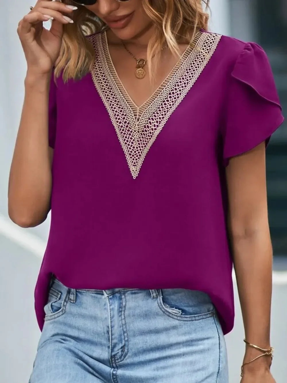 Southern Shores Clothing V-Neck Petal Sleeve 100% Polyester Blouse For Versatile Wear - Southern Shores Clothing