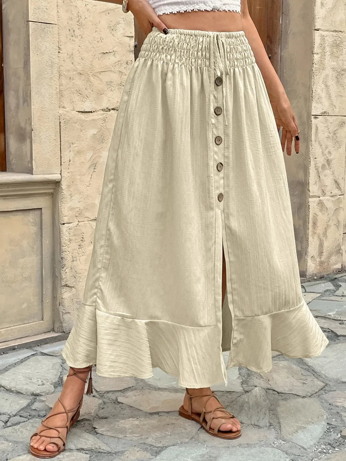 Ruffled Hem Slit Skirt With Lace And Adjustable Waist - Southern Shores Clothing