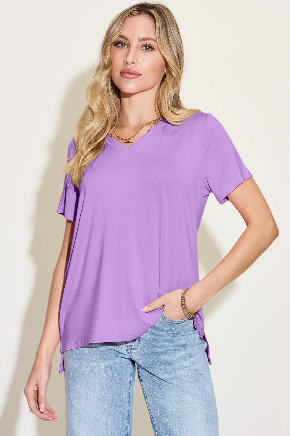 Basic Bae Bamboo Full Size V-Neck High-Low T-Shirt - Southern Shores Clothing