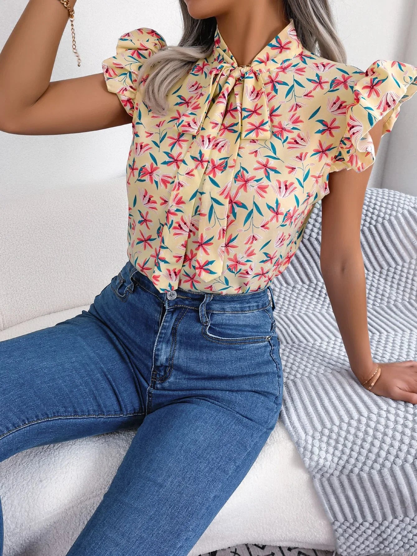 Floral Printed Tie Neck Flutter Sleeve Blouse Polyester - Southern Shores Clothing