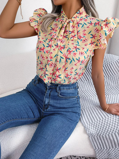 Floral Printed Tie Neck Flutter Sleeve Blouse Polyester - Southern Shores Clothing
