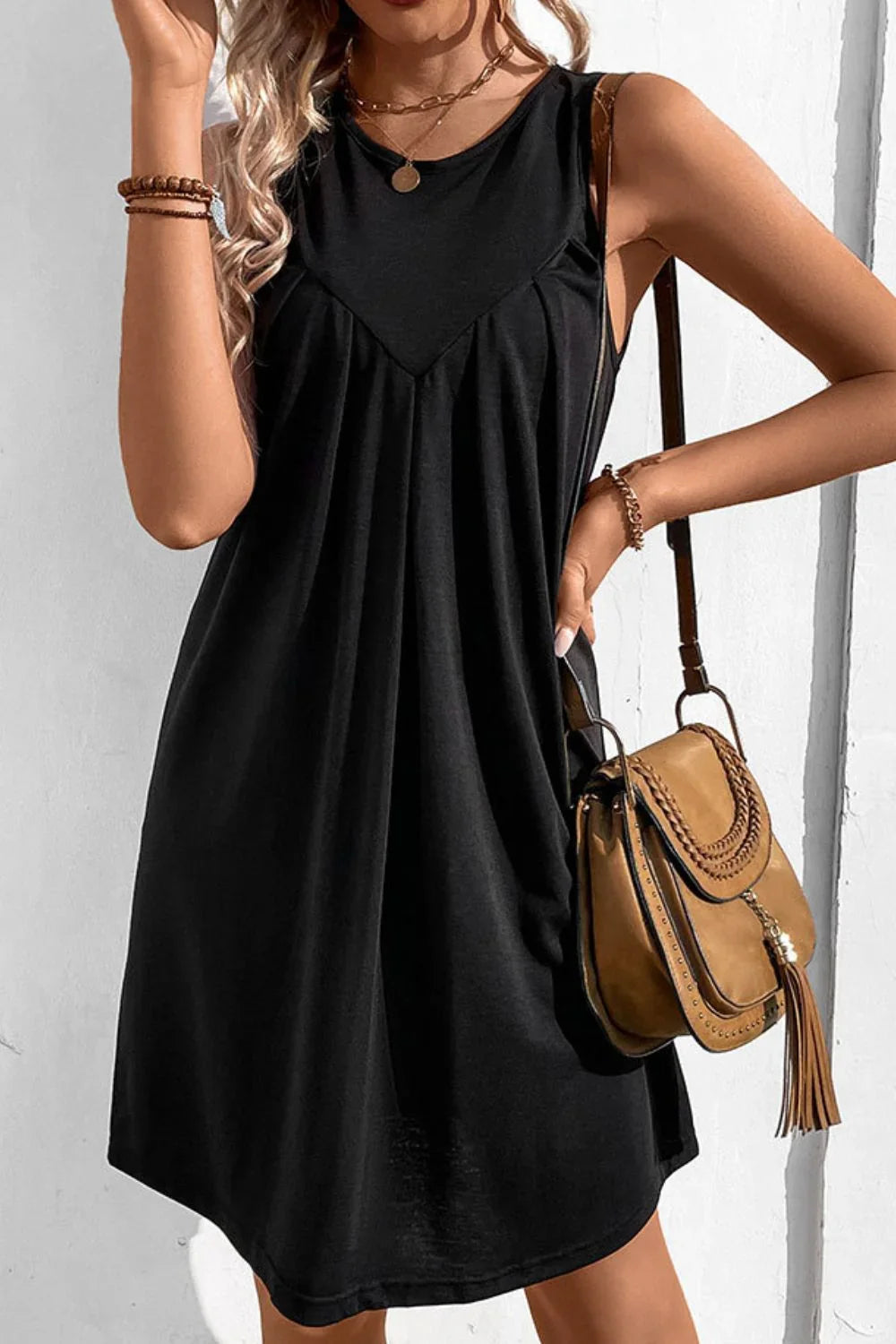 Perfee Round Neck Sleeveless Mini Dress - Southern Shores Clothing