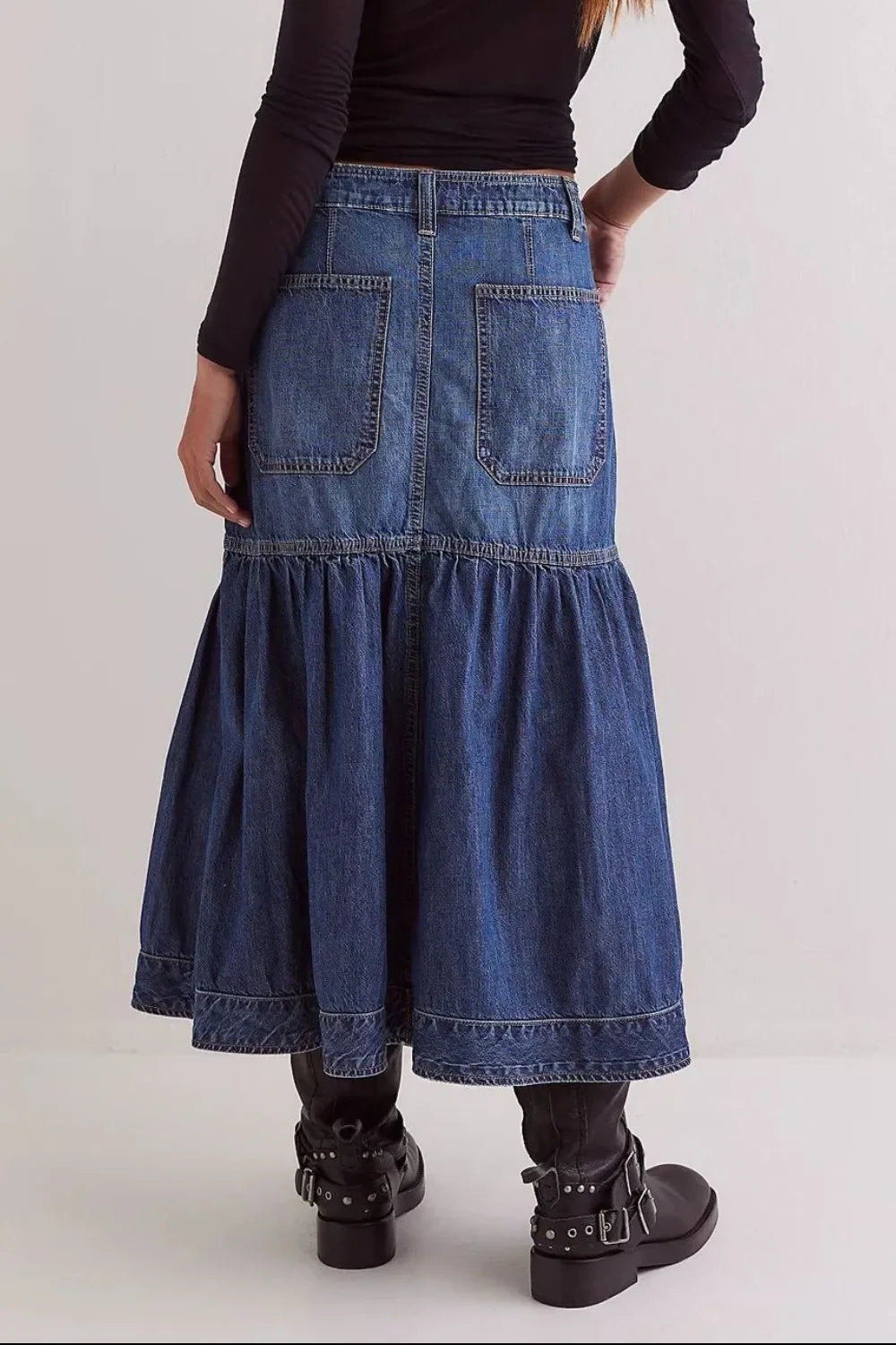 Relaxed Fit Midi Denim Skirt With Pockets - Southern Shores Clothing