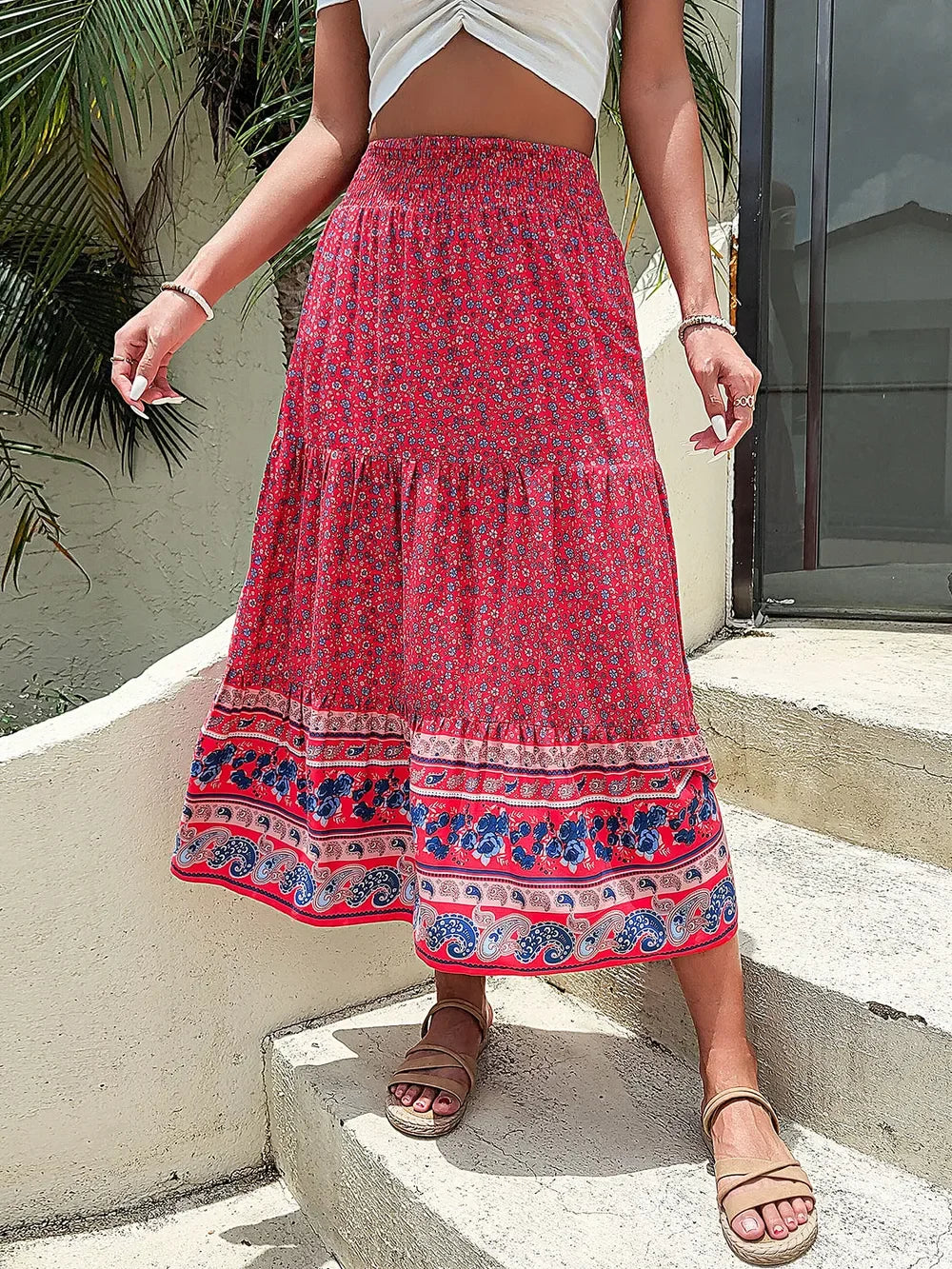 Printed Tiered High Waist Skirt With Allover Print - Southern Shores Clothing