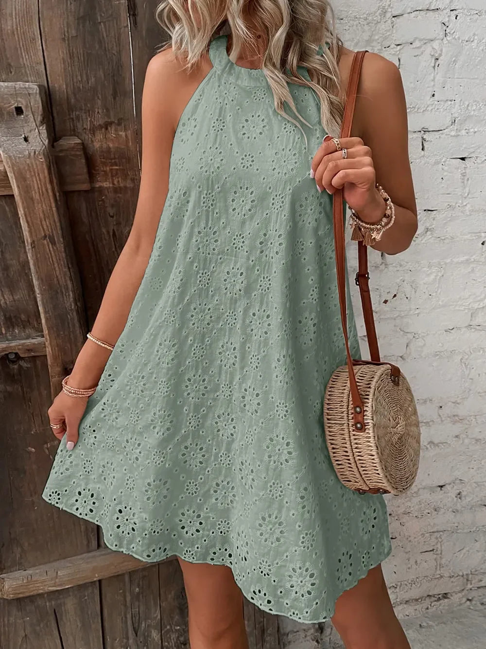 Eyelet Grecian Neck Mini Dress Coastal Style - Southern Shores Clothing