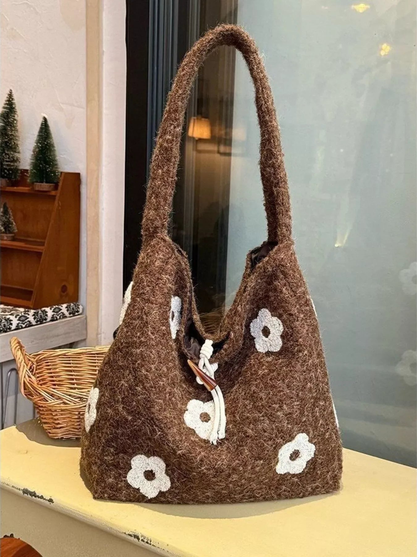 Floral Fuzzy Knit Tote Bag With Plush Finish - Southern Shores Clothing