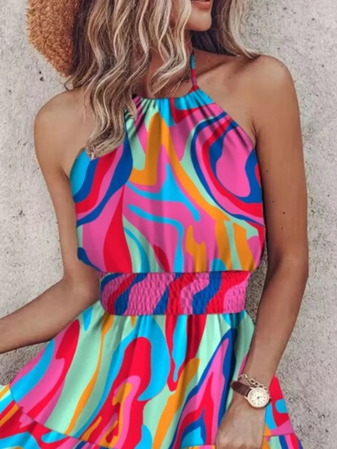 Ruffled Smocked Paisley Print Halter Neck Mini Dress Boho - Southern Shores Clothing