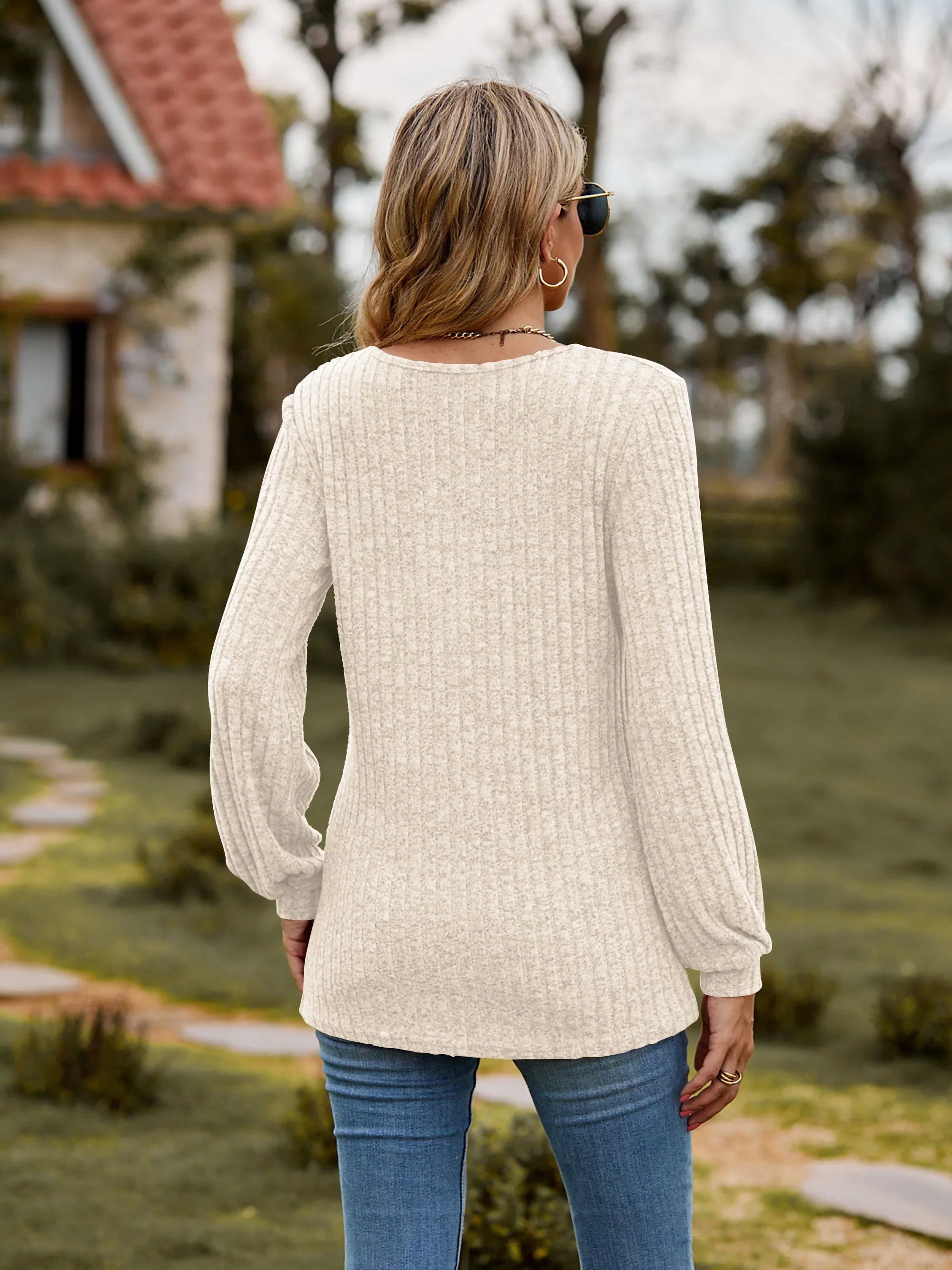 Stretchy Heathered Round Neck Button-Down Long Sleeve Tee - Southern Shores Clothing