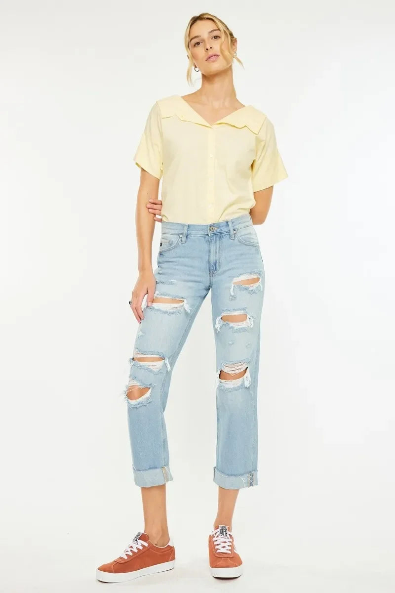 Coastal Distressed Mid Rise Relaxed Boyfriend Jeans