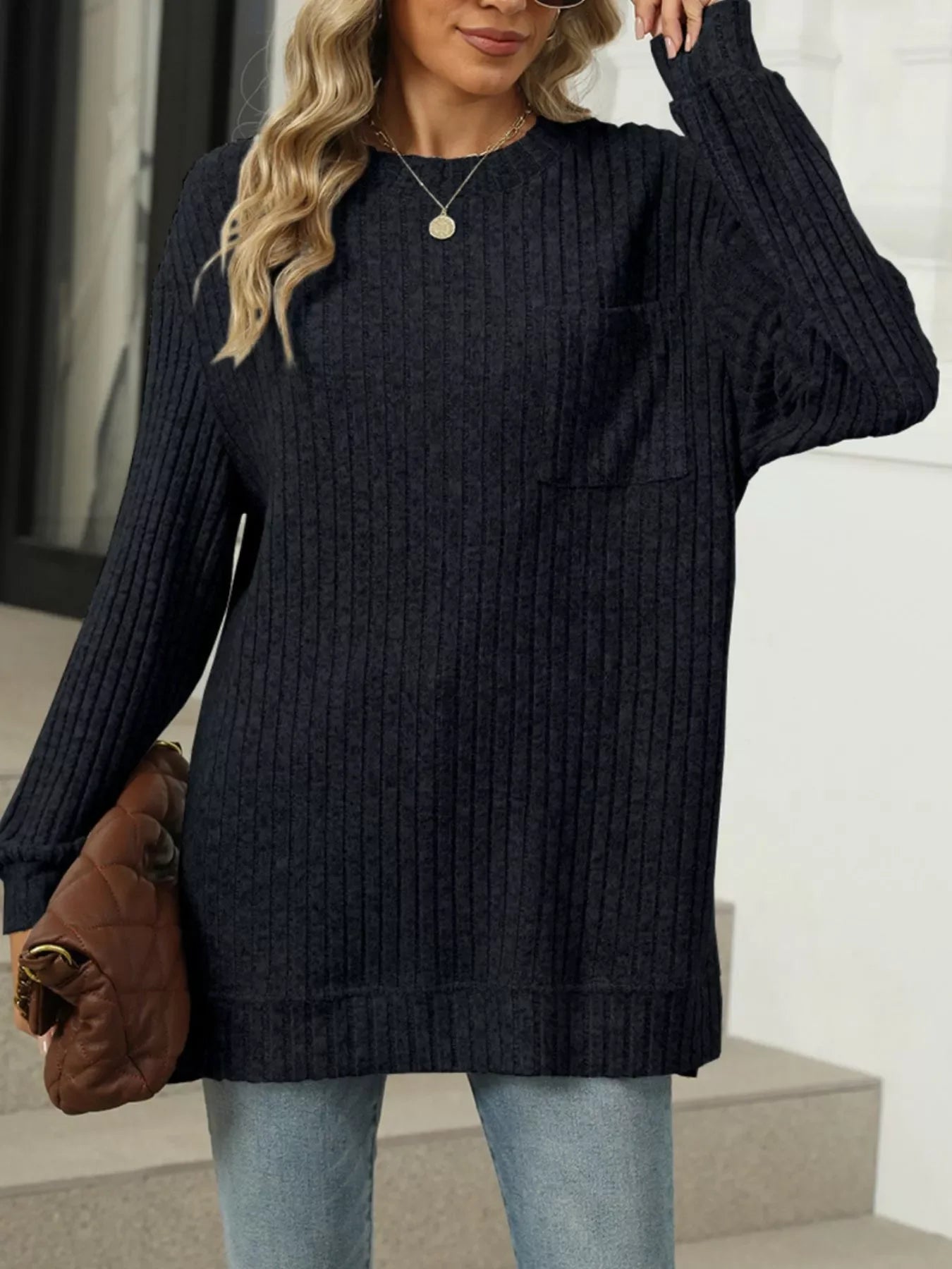 Ribbed Knit Round Neck Sweater - Southern Shores Clothing