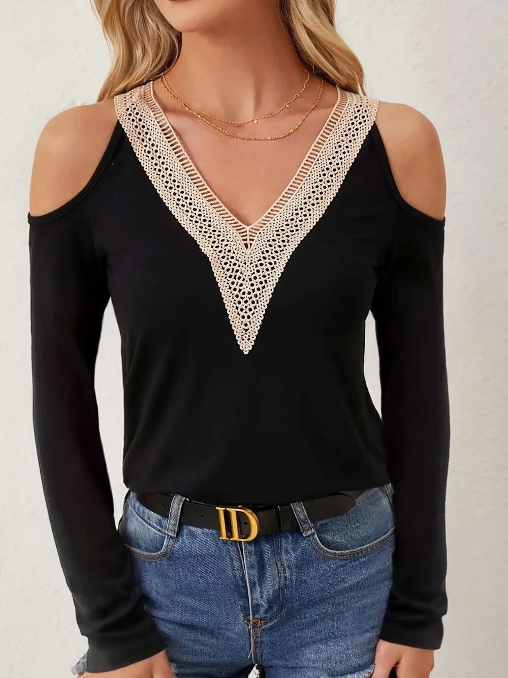 V Neck Cold Shoulder Long Sleeve Tee With Lace Detail - Southern Shores Clothing