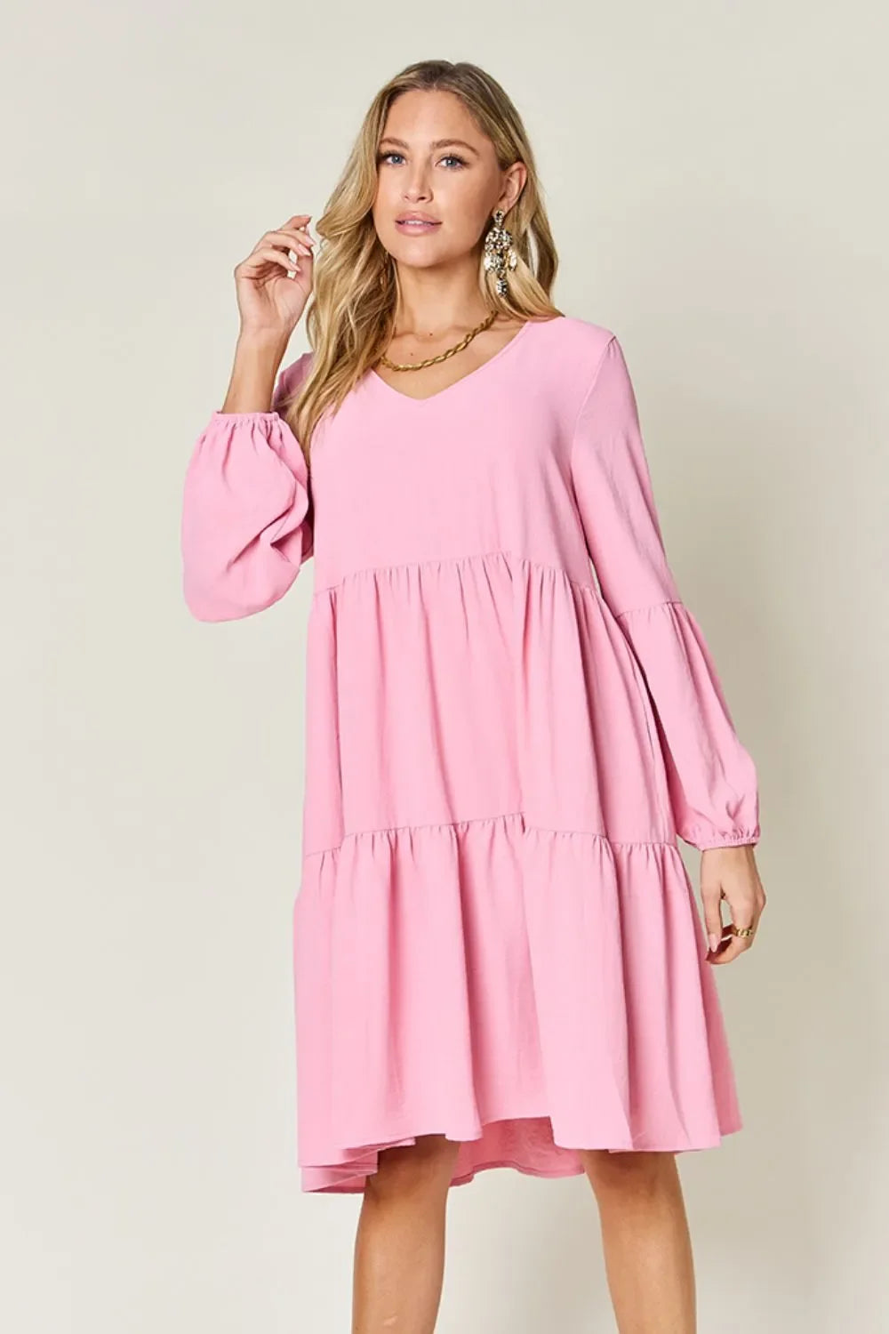 V Neck Balloon Sleeve Tiered Dress With Pockets
