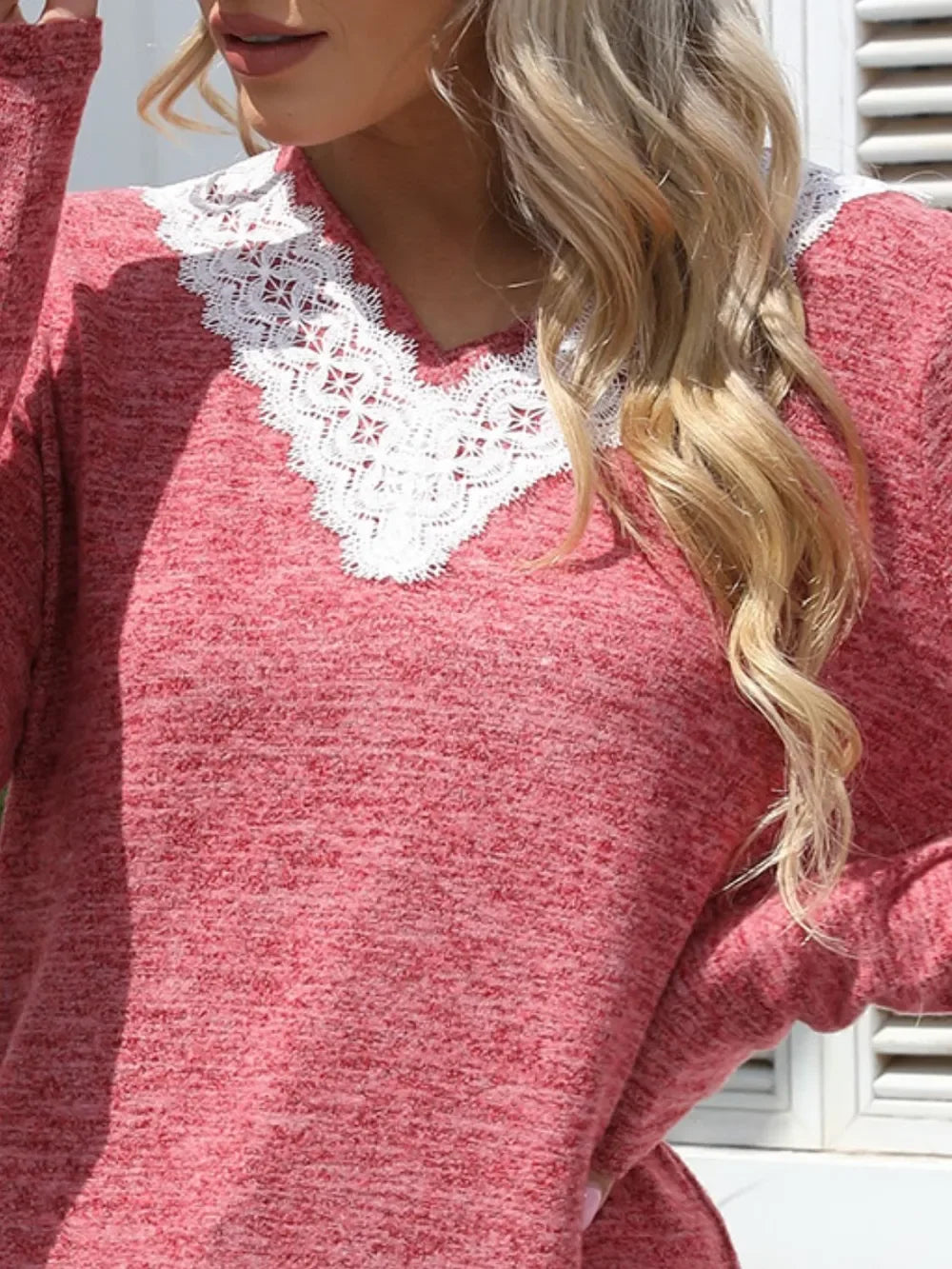 Lace Detail V-Neck Long Sleeve T-Shirt With Soft Stretch - Southern Shores Clothing