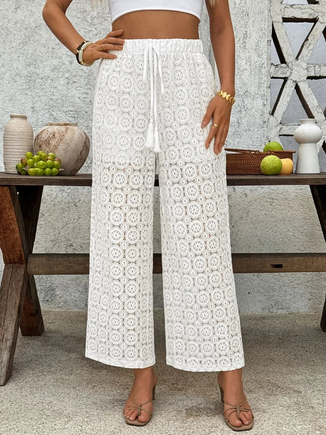 Sheer Mesh Lace Wide Leg Pants With Breathable Fabric Design - Southern Shores Clothing