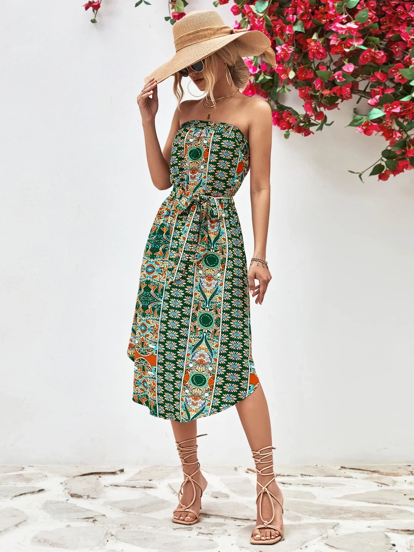 Printed Strapless Tie Belt Dress - Southern Shores Clothing