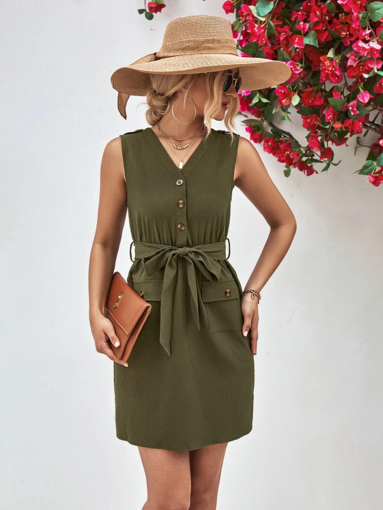 Buttoned V-Neck Belted Sleeveless Dress - Southern Shores Clothing
