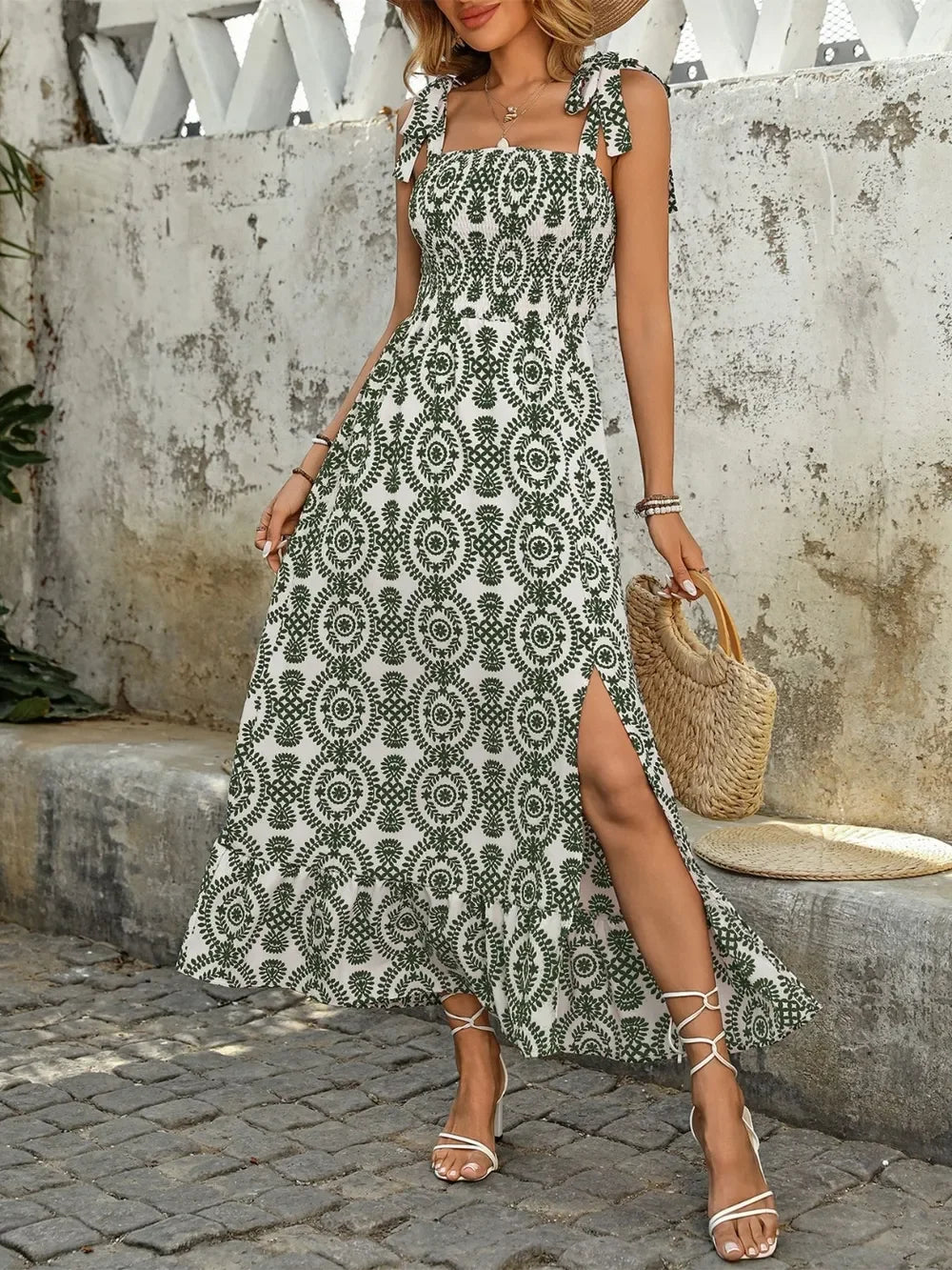 Smocked Slit Maxi Floral Print Tie Shoulder Dress Boho Style - Southern Shores Clothing