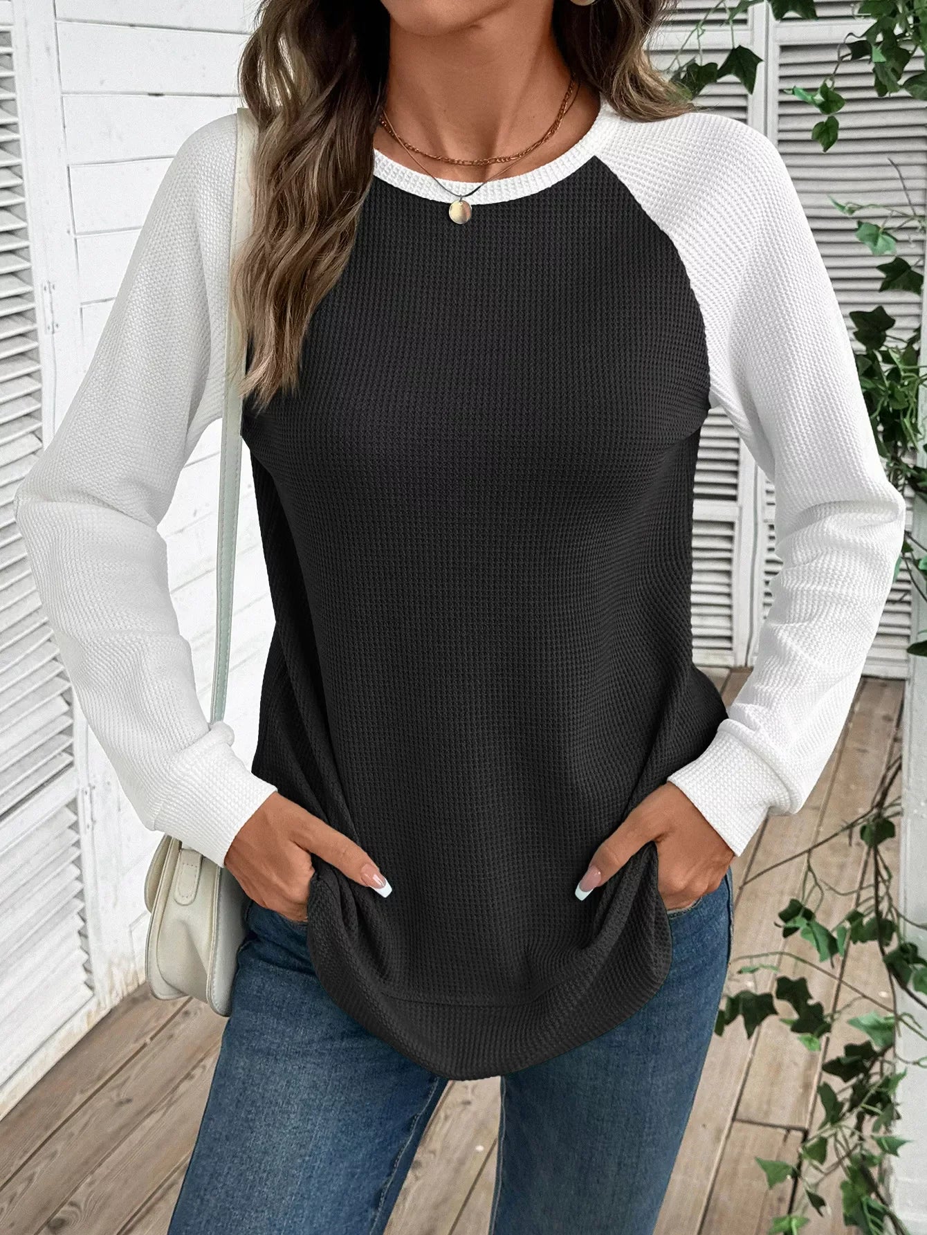 Contrast Raglan Sleeves Waffle Knit T Shirt - Southern Shores Clothing