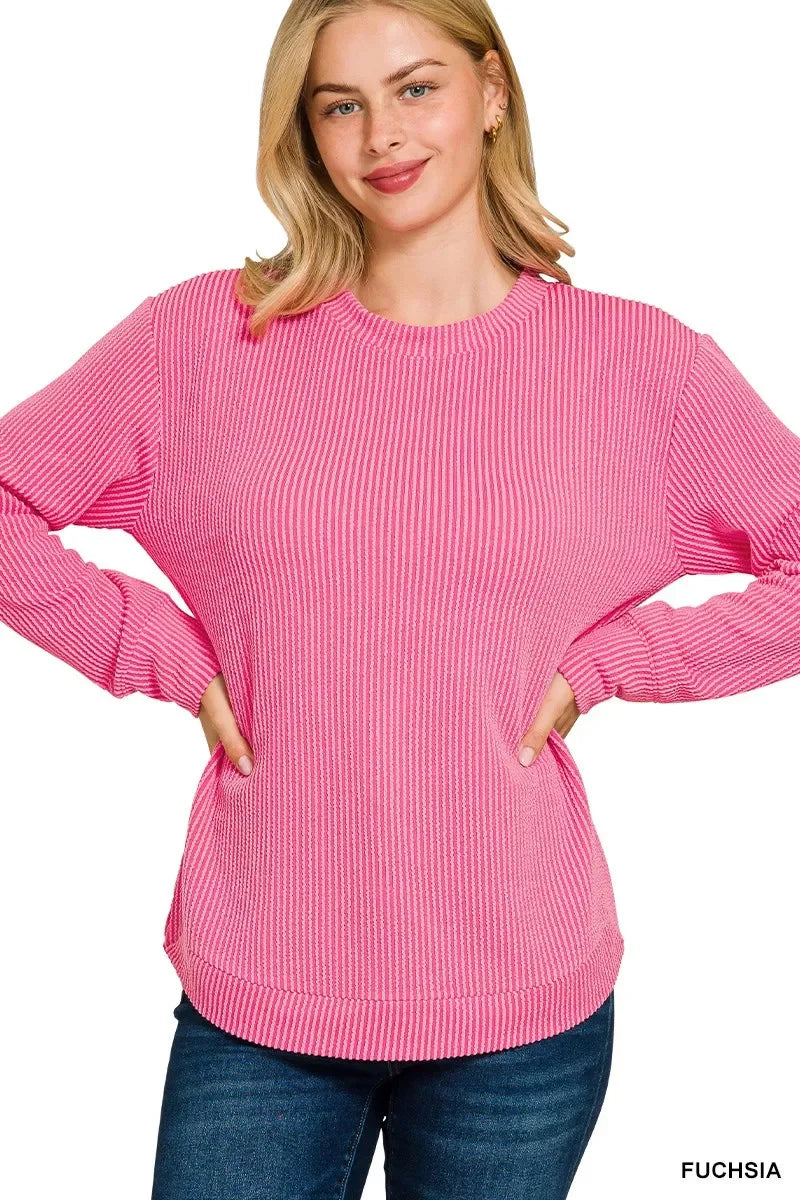 Raised Rib Round Neck Long Sleeve Top Plus Size - Southern Shores Clothing