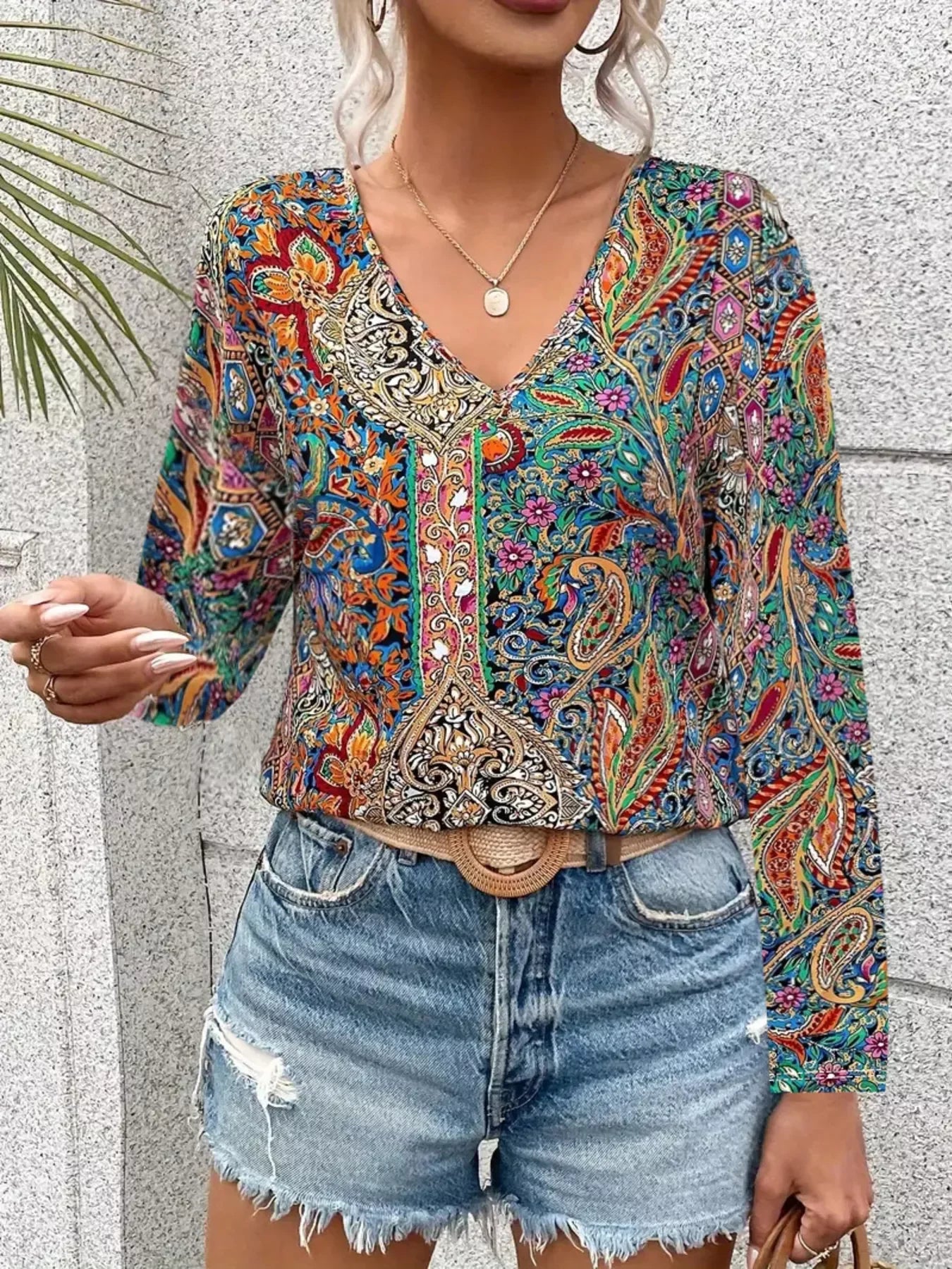 Paisley Print V Neck Long Sleeve Blouse Silhouette Classic - Southern Shores Clothing