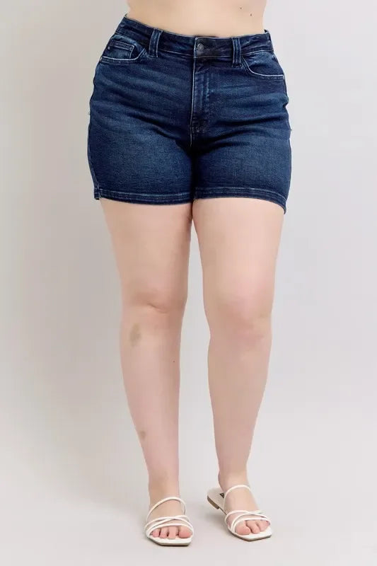 High Waist Denim Shorts With Back Flap Pocket Plus Size - Southern Shores Clothing