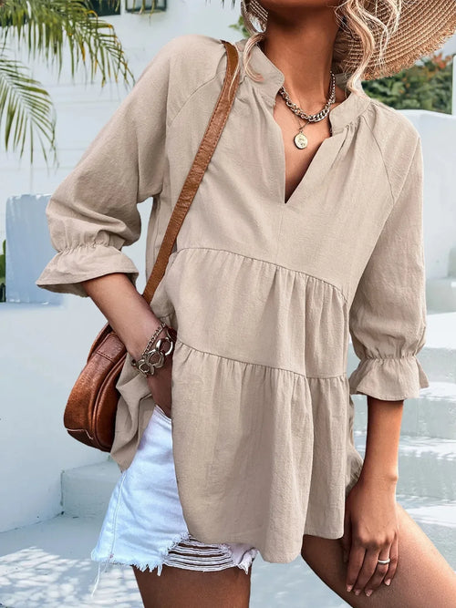 Southern Shores Clothing Notched Flounce Sleeve Blouse Made From Cotton Blend Fabric - Southern Shores Clothing