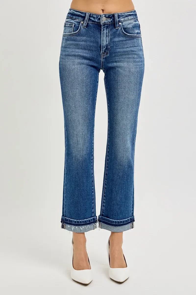 Mid Rise Straight Cuffed Ankle Jeans With Stretch Denim - Southern Shores Clothing