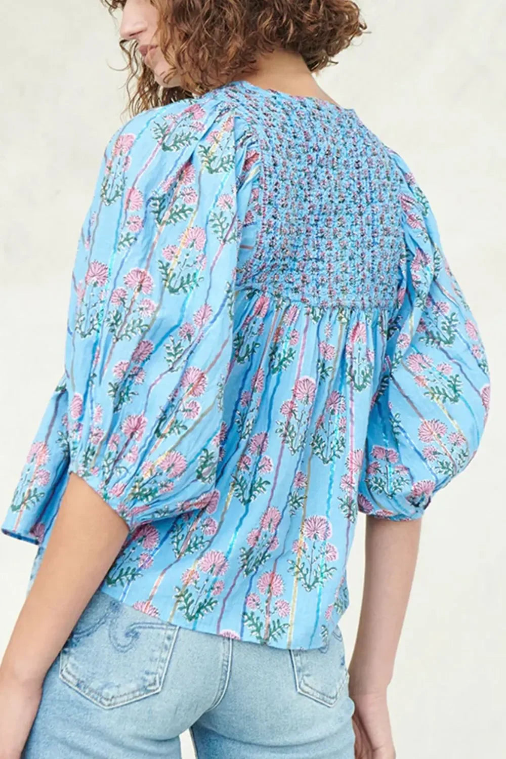 Smocked Floral Print Tie Neck Cotton Blouse - Southern Shores Clothing