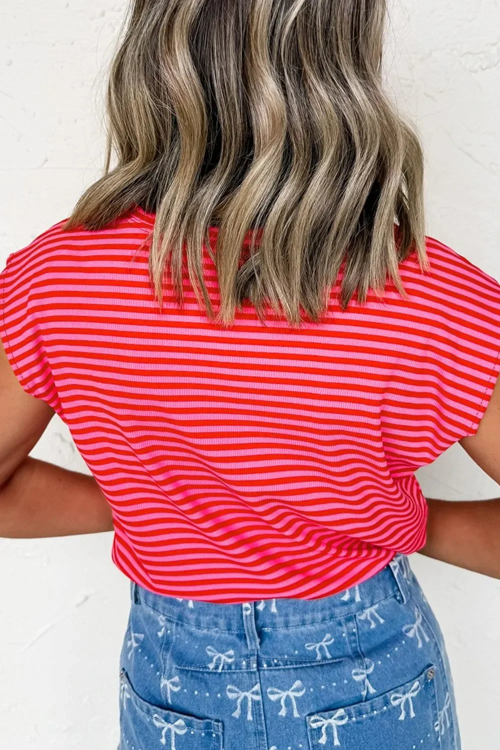 Stripe Ribbed Cap Sleeve Round Neck T Shirt - Southern Shores Clothing