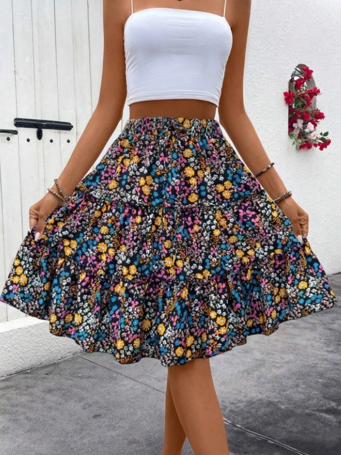 Floral Print Midi Skirt Lightweight Fabric - Southern Shores Clothing