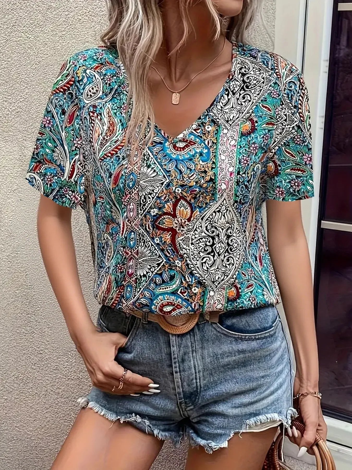Bohemian Paisley Print V-Neck Short Sleeve T-Shirt - Southern Shores Clothing