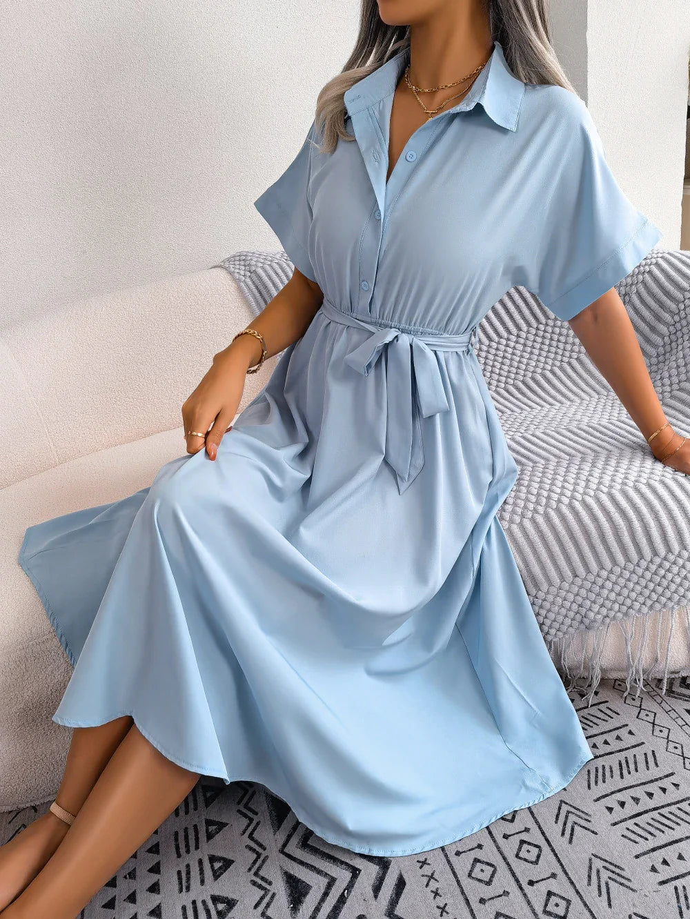 Short Sleeve Collared Tie Belt Dress - Southern Shores Clothing