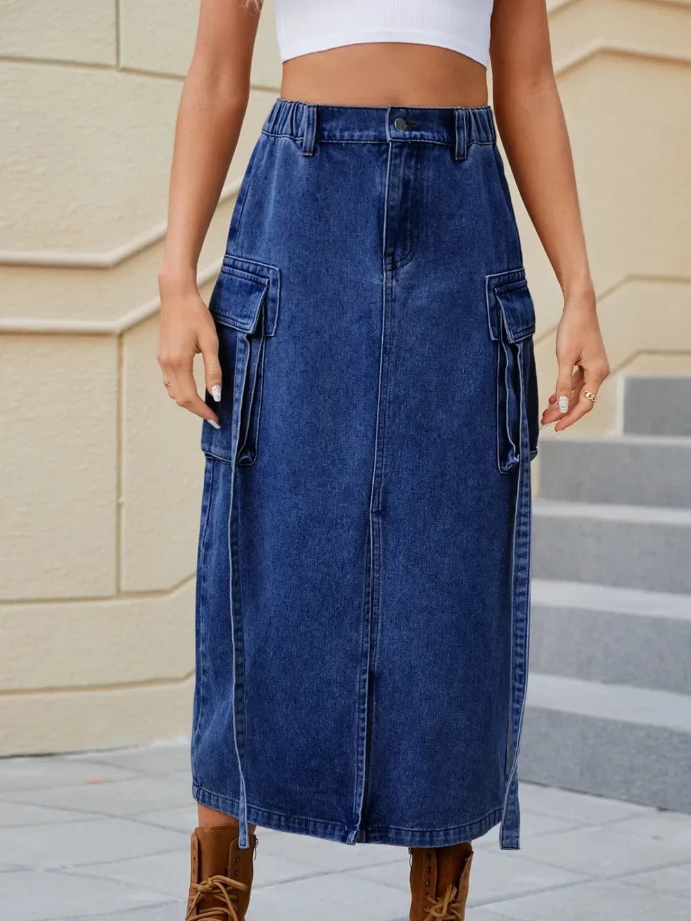 High Waist Denim Skirt With Slit And Pockets - Southern Shores Clothing