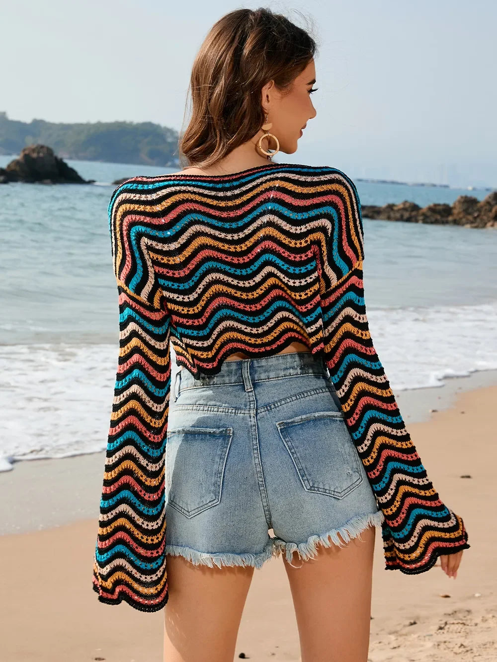 Striped Sheer Long Sleeve Beach Swim Cover Up - Southern Shores Clothing