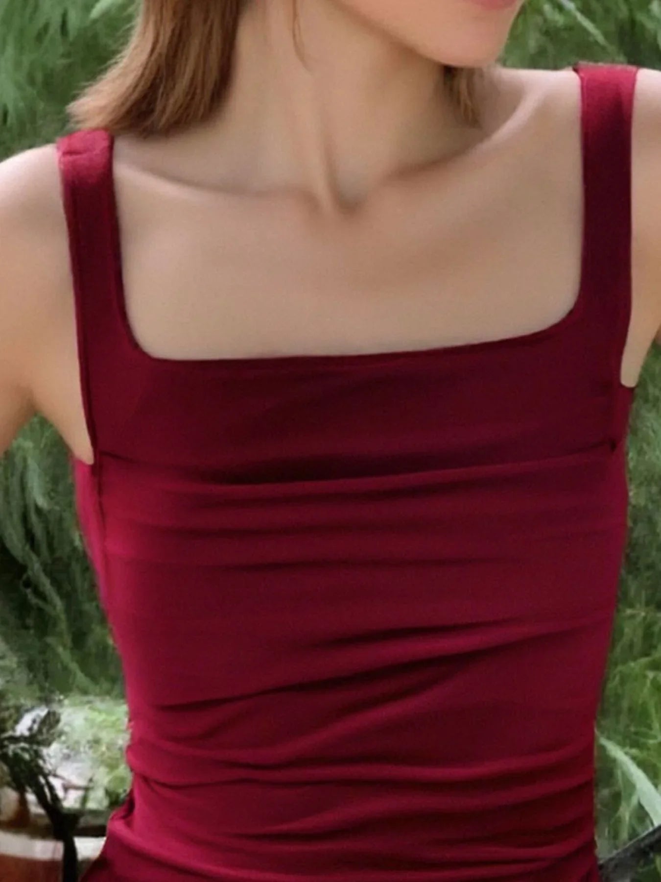 Ruched Square Neck Tank Top Polyester Stretch Sleeveless - Southern Shores Clothing