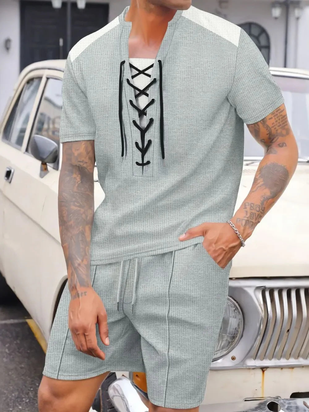 Men's Full Size Lace-Up Waffle Knit Top and Shorts Set Plus Size - Southern Shores Clothing