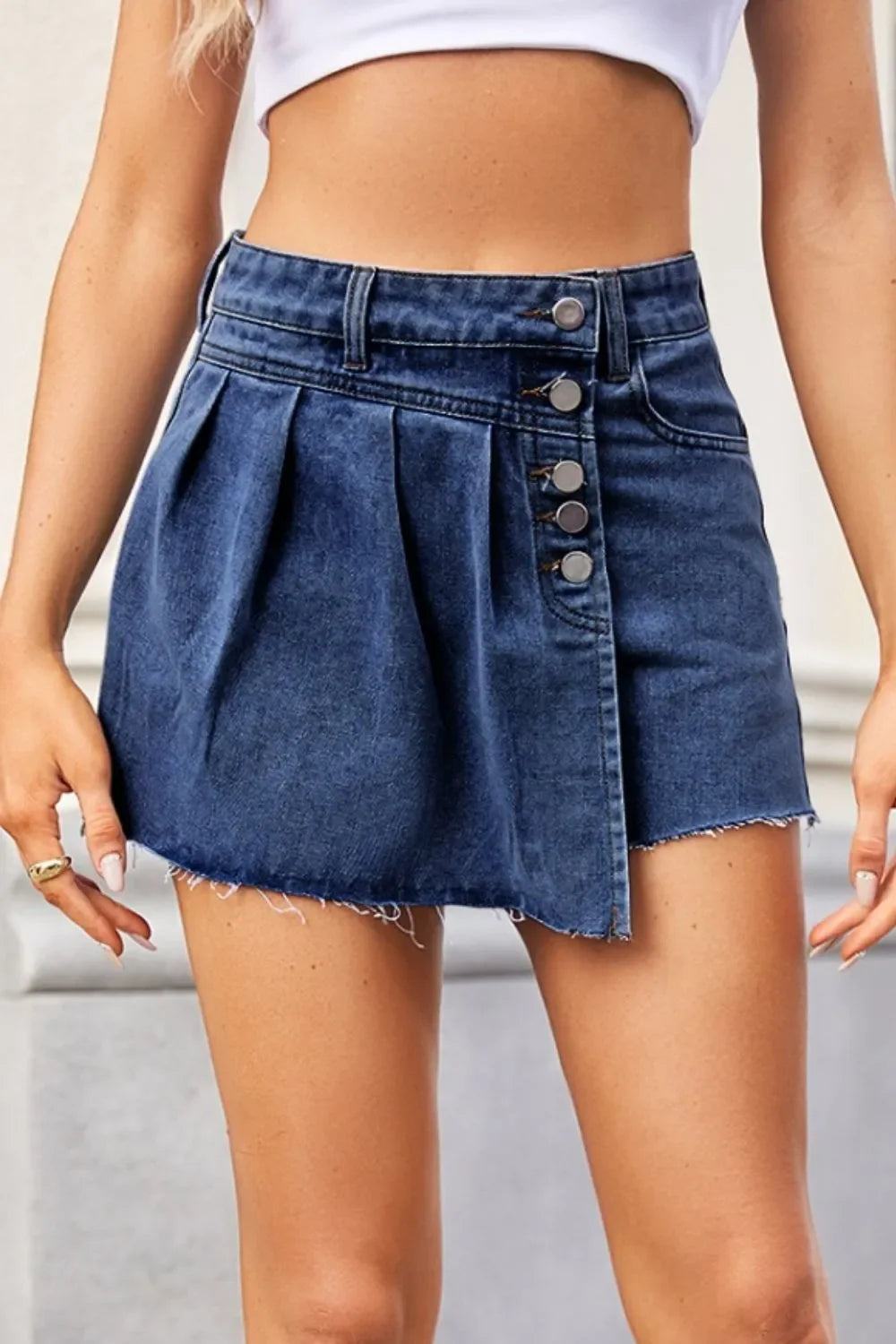 Denim Skort With Pockets And Raw Hem Detail - Southern Shores Clothing